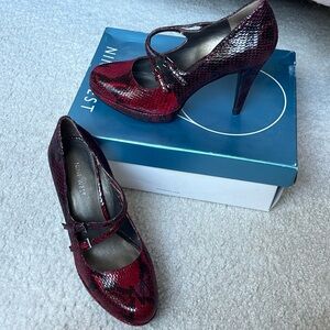 Nine West Red and black, snake print heels with double buckle feature. Size 6.5